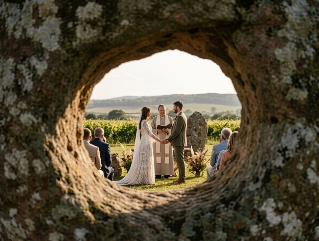 The money shot at Stone Circle Vineyard - Camera peeking through the hole in the Stone Circle to reveal couple being married