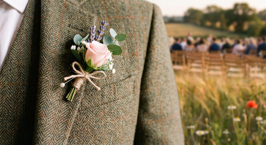 Close up of wedding flower lapel