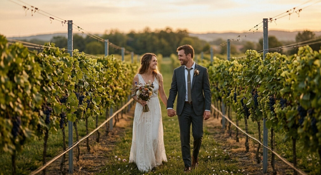 Golden hour walks through the vineyard on your wedding day